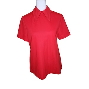 Camisa vintage de los años 70 con cuello de mariposa y manga corta para mujer, talla M, color rojo, con cremallera trasera modificada