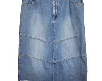 Falda larga vaquera elástica azul vintage de los 90 (talla 20W) con bajo sin rematar, estilo country western grunge.