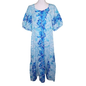 Vintage 80s Hawaiian Maxi Dress Mumu Womens Size L Blue Hibiscus