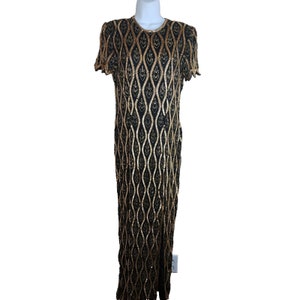 Sukienka Vintage Stenay Black Gold z koralikami i cekinami z jedwabiu, rozmiar 6, maxi, elegancka, Gatsby