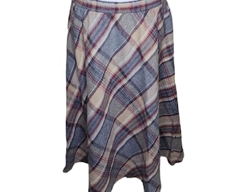 Vintage jaren '70 Cirkelrok Damesmaat L Grijs Blauw Plaid Schoolmeisje Academia Scholar