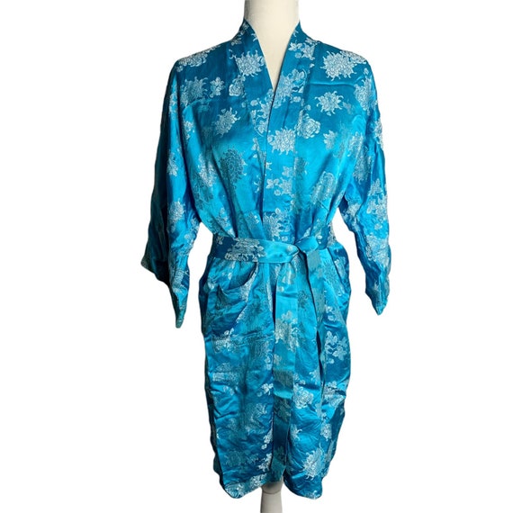 Vintage Asian Silk Jacquard Half Robe M Blue Chin… - image 1