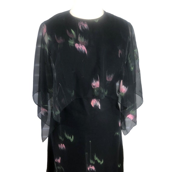 Vtg 80s Black Chiffon Floral Floor Length Dress L… - image 1