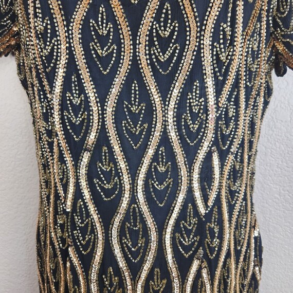 Vintage Stenay Black Gold Beaded Sequin Silk Dres… - image 5