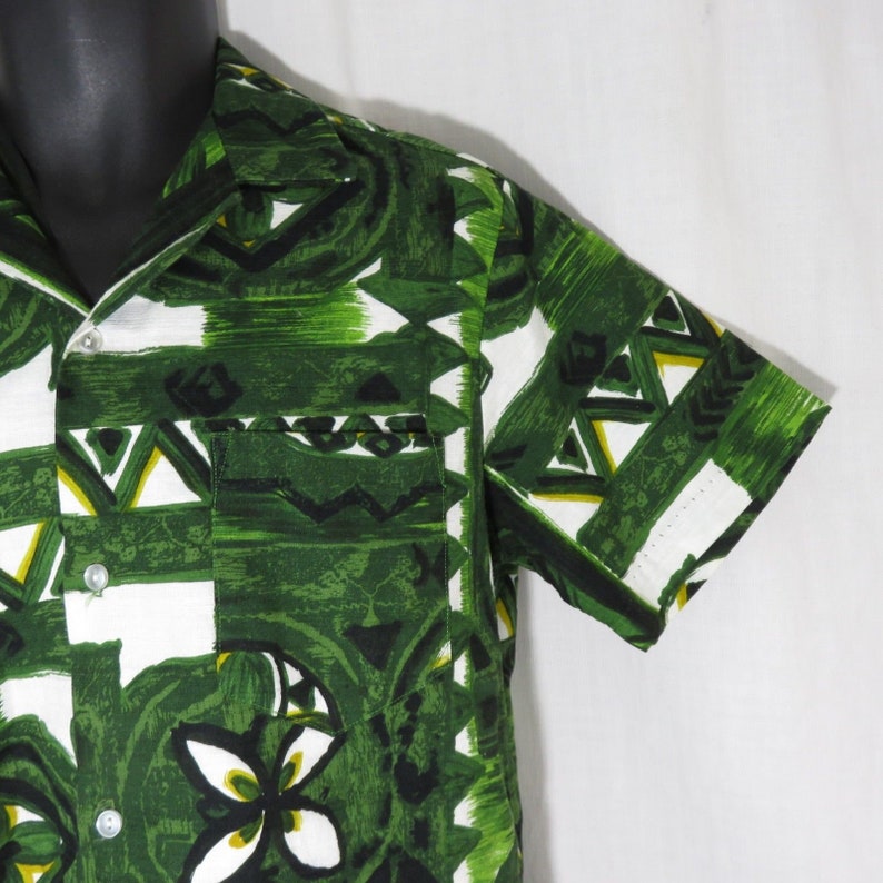 Vintage Made In Hawaii Aloha Bark Cloth Hawaiian Shirt Green M Tapa Tiki