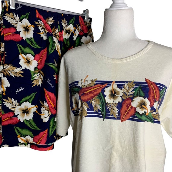 Vintage Hawaiian T Shirt Shorts Set XL Cream Flor… - image 1