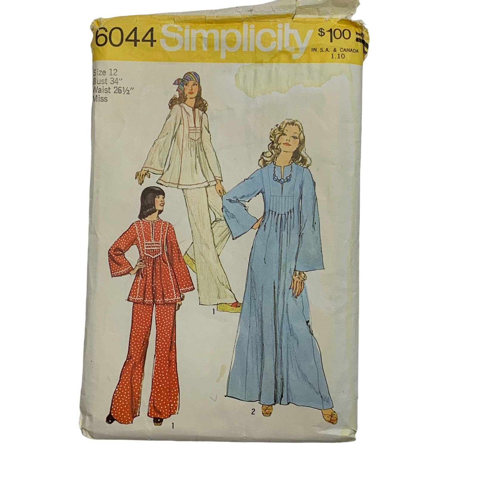 Vintage 70s Simplicity 6044 Pattern Misses 8-16 Caftan Tunic