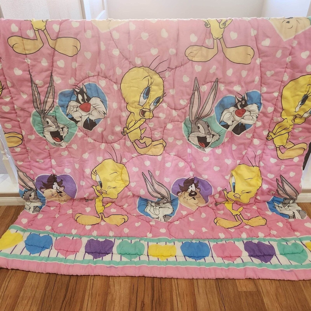 Vintage 90s Looney Tunes Tweety Bugs Taz Pink Twin Comforter Etsy