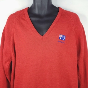 Vintage Wool V-Neck Sweater Red Australia Australian Flag Embroidered XL