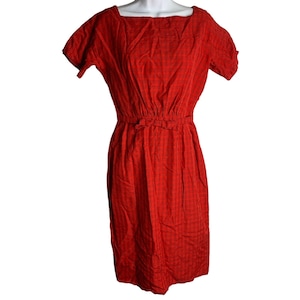 Vintage 50s Lanz Of Salzburg Midi Sheath Dress S Red Check Belted Button Back