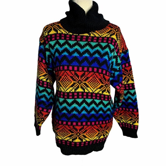 Vintage Pullover Turtleneck Ski Sweater M Rainbow… - image 2