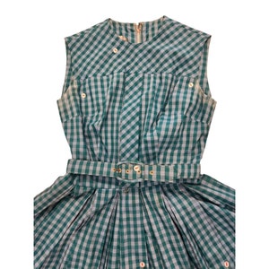 Vintage 60&#39;s Sue Brett Checkered Blue Green Sleeveless Dress XS Fit Flare Mod