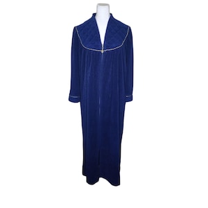 Vintage 70s Vanity Fair Zip Velour House Coat Robe Womens Size M Navy Blue