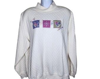 Vintage 90s Quilted Cottagecore Grandma Sweatshirt Hearts Womens 1X White