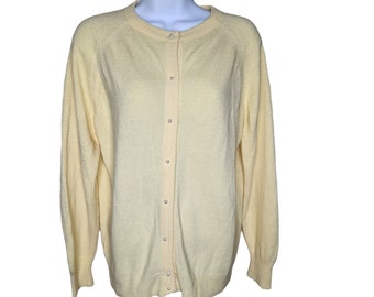 Vintage 80s Cardigan Sweater Womens Size M Yellow Pastel Pinup Preppie Academia