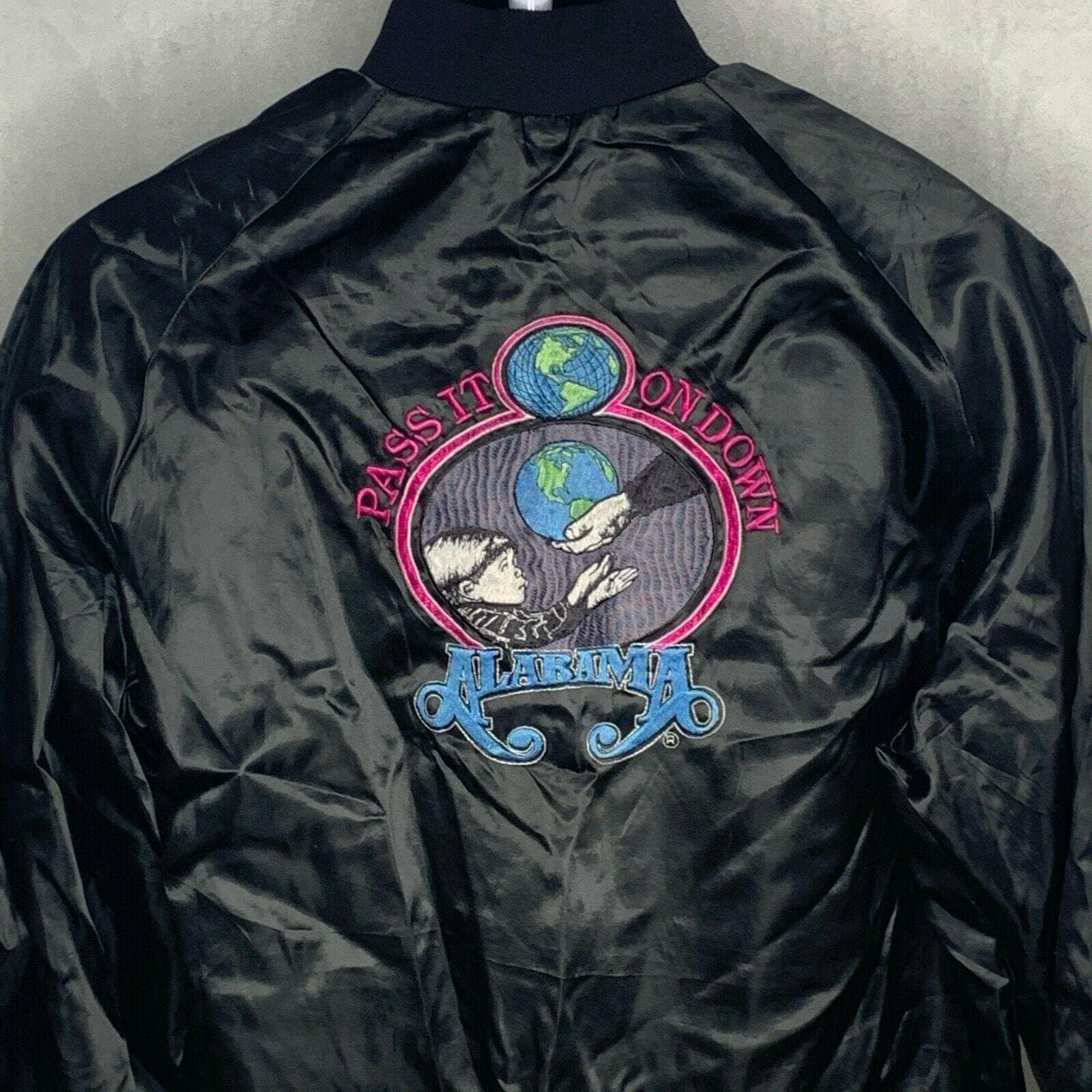 Vintage Alabama Satin Bomber Jacket L Black Embroidered Etsy