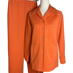 Vintage 70s Catalina Double Knit Leisure Pant Suit M Orange Bellbottoms Polyester