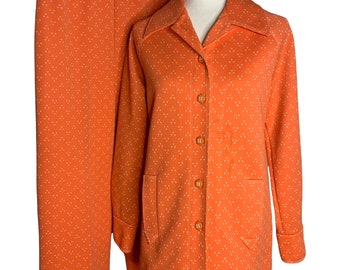Vintage 70s Catalina Double Knit Leisure Pant Suit M Orange Bellbottoms Polyester