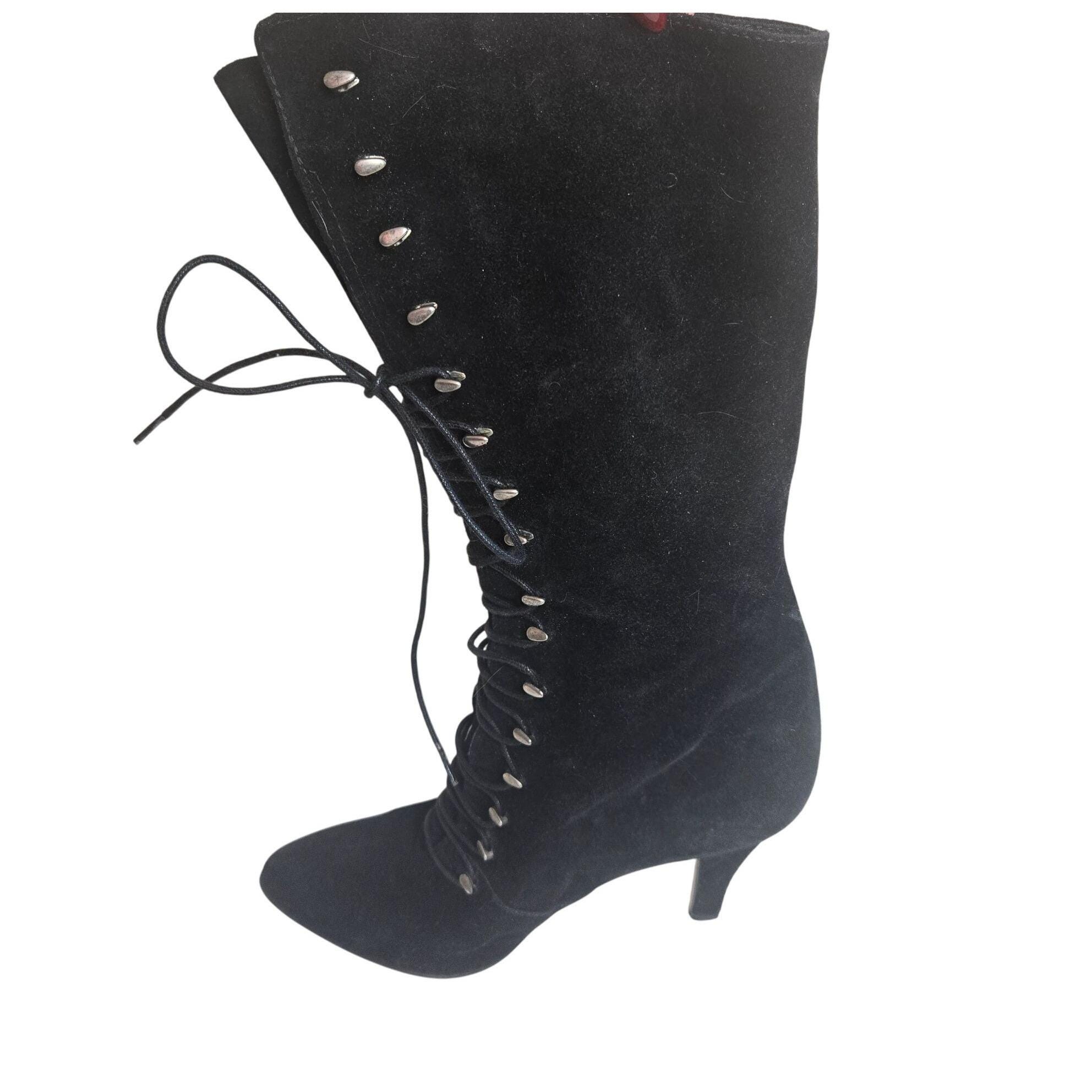 Stivali con tacco e lacci in pelle scamosciata nera vintage anni