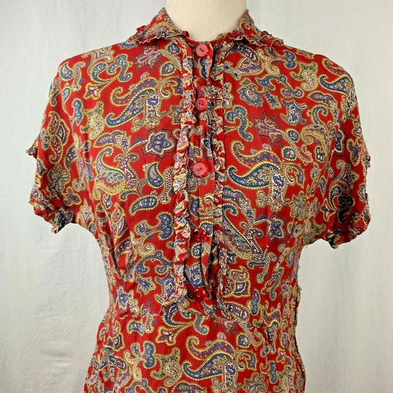 Vintage 50s Secretary Day Shirt Dress S Red Paisl… - image 1