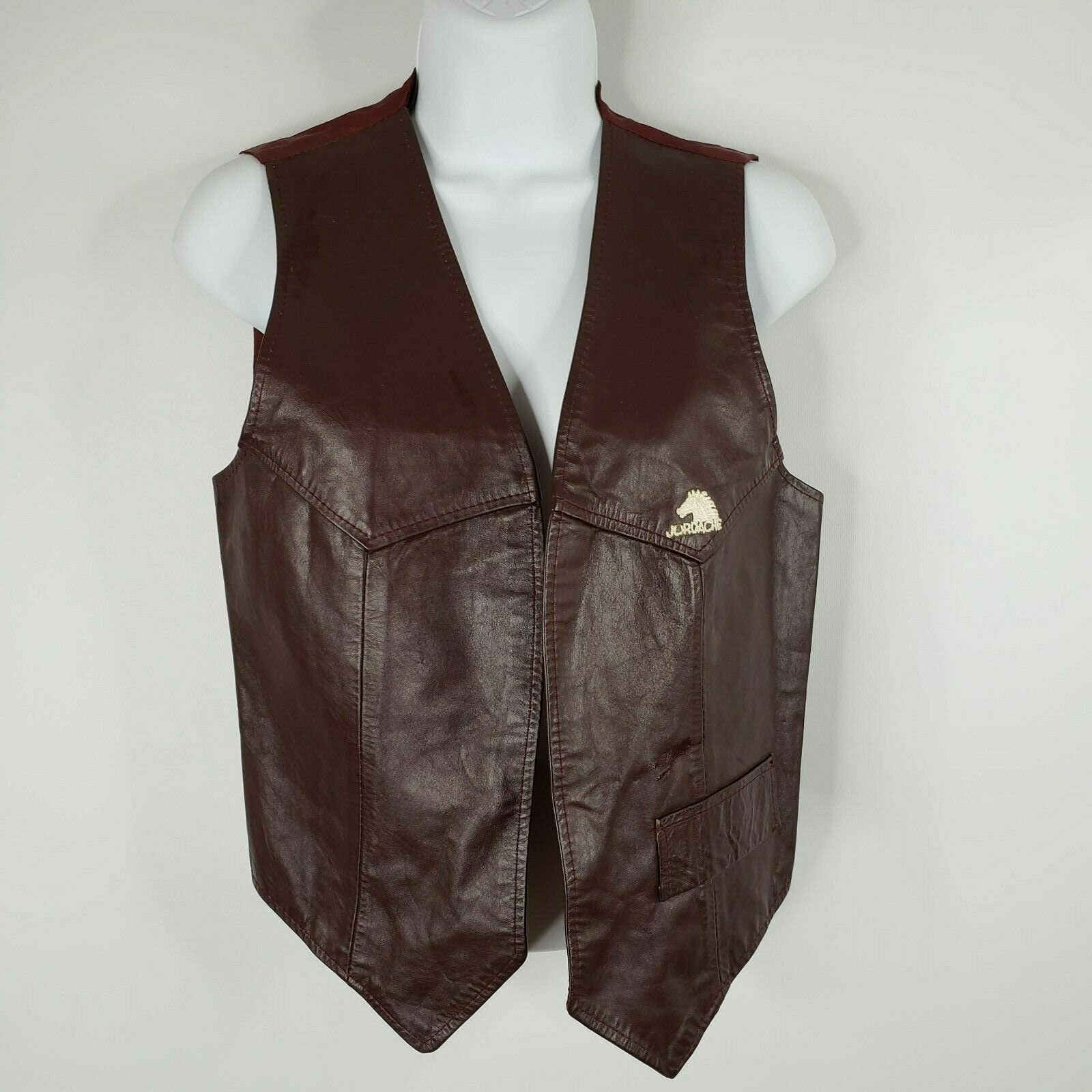 Vintage 80s Jordache Genuine Brown Leather Open Front Vest S Horse
