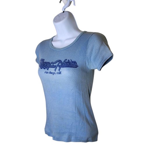 Vintage 70s Foggys Notion San Diego Cap Sleeve Babydoll Tshirt Womens XS Blue View 3