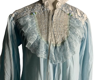 Vintage Gilligan Omalley House Coat Robe S Blue Velvet Zip Pockets Nightgown