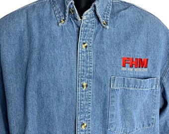 Vintage 90er Jahre For Him Magazine FHM Denim Shirt M Blau Button Down