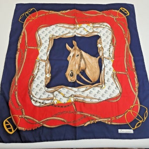 Vintage 70s Leonardi Paris Equestrian Horse Bit Square Scarf Wrap Red Blue 30&quot;