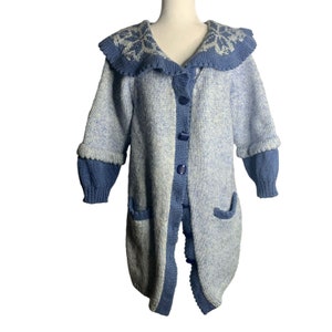 Vintage 80er Jahre Cardigan Pullover Jacke M Blau Grobstrick Knöpfe Taschen mit Kragen