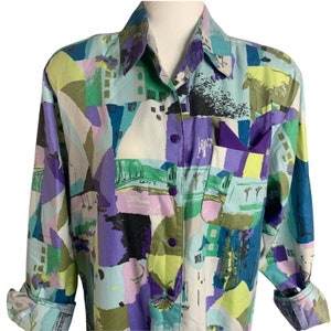 Sukienka koszulowa z guzikami w stylu vintage z lat 80., rozmiar M, wielokolorowa, niebieska, abstrakcyjna, oversize, funky
