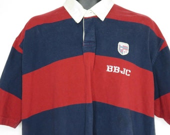 90s red × navy border rugger shirt Vintage 90s Bugle Boy Rugby Polo Shirt Red Navy Blue Stripe