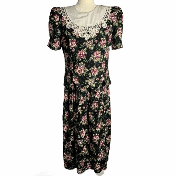 Vintage Floral Midi Dress M Black Short Sleeve La… - image 2