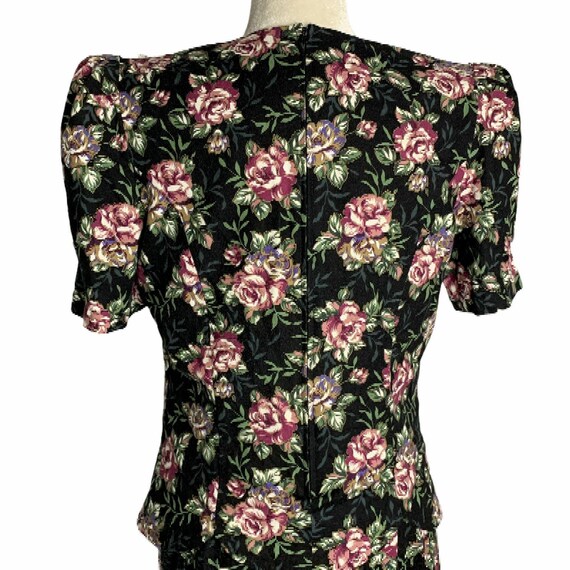 Vintage Floral Midi Dress M Black Short Sleeve La… - image 7