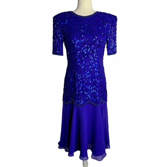 Vintage Sequin Beaded Evening Dress S Blue Silk C… - image 3