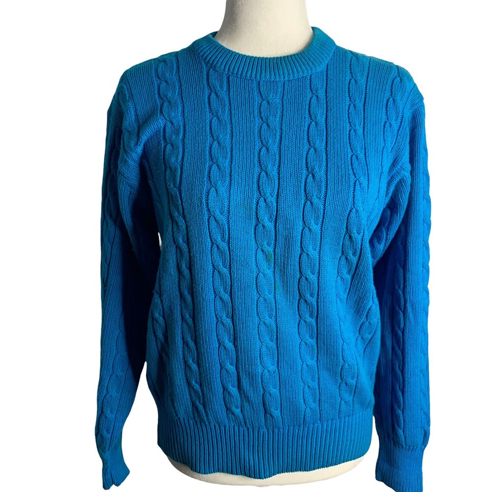 Vintage Lord & Taylor Cable Knit Sweater S Blue Crewneck Pullover Long Sleeves Trendy Fashion