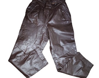 Vintage 80s Faux Leather High Waisted Pants - Brown Size M