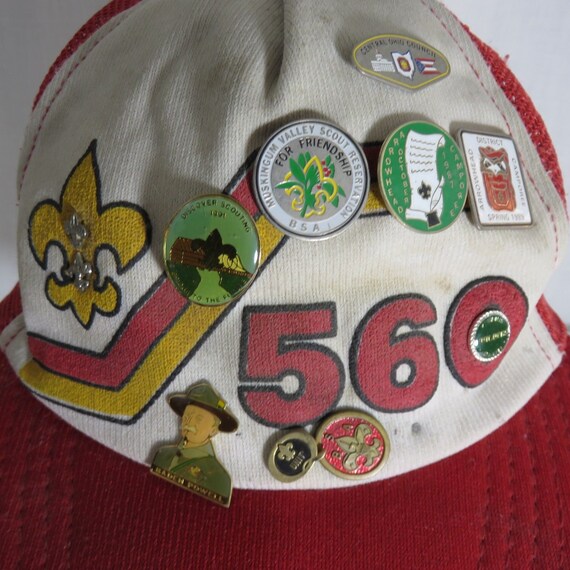 Vintage 80s Red Snapback Boy Scouts Hats Pins Cent