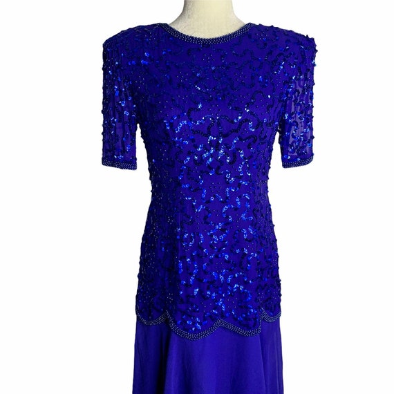 Vintage Sequin Beaded Evening Dress S Blue Silk C… - image 1