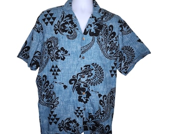Vintage RJC Short Sleeve Hawaiian Tiki Aloha Shirt Mens Size 2XL Blue