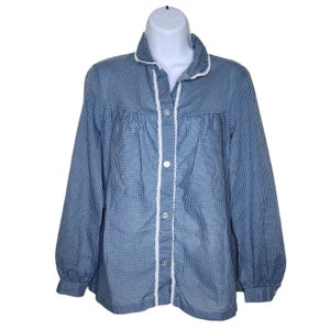 Vintage 80s Western Blouse Button Up Shirt Womens Size M Blue Check