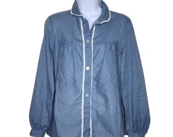 Vintage 80s Western Blouse Button Up Shirt Womens Size M Blue Check