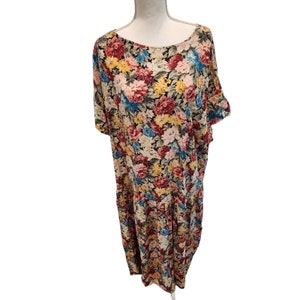 Vintage 90s Red Pink Yellow Floral Maxi MuuMuu Dress Size 3XL Summer Rayon