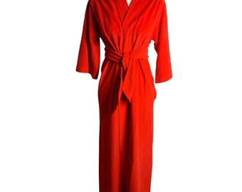 Vintage Fleece House Coat Robe S Red Full Length Tie Waist Long Sleeve Pockets