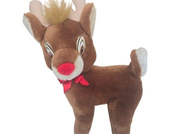 Vintage Applause Rudolph Plush Reindeer Toy With Red Nose & Bow Tie 10"