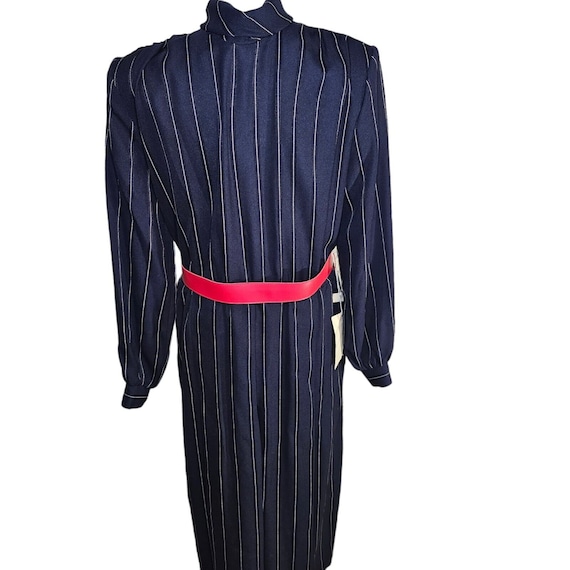 navy dress red belt Vintage 80s Secretary Dress Womens Size M Blue Pinstripe Red Belt New  Deadstock