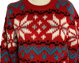 Chunky Hand Knitted Pullover Sweater M Red Acrylic Crewneck Snowflakes Holiday