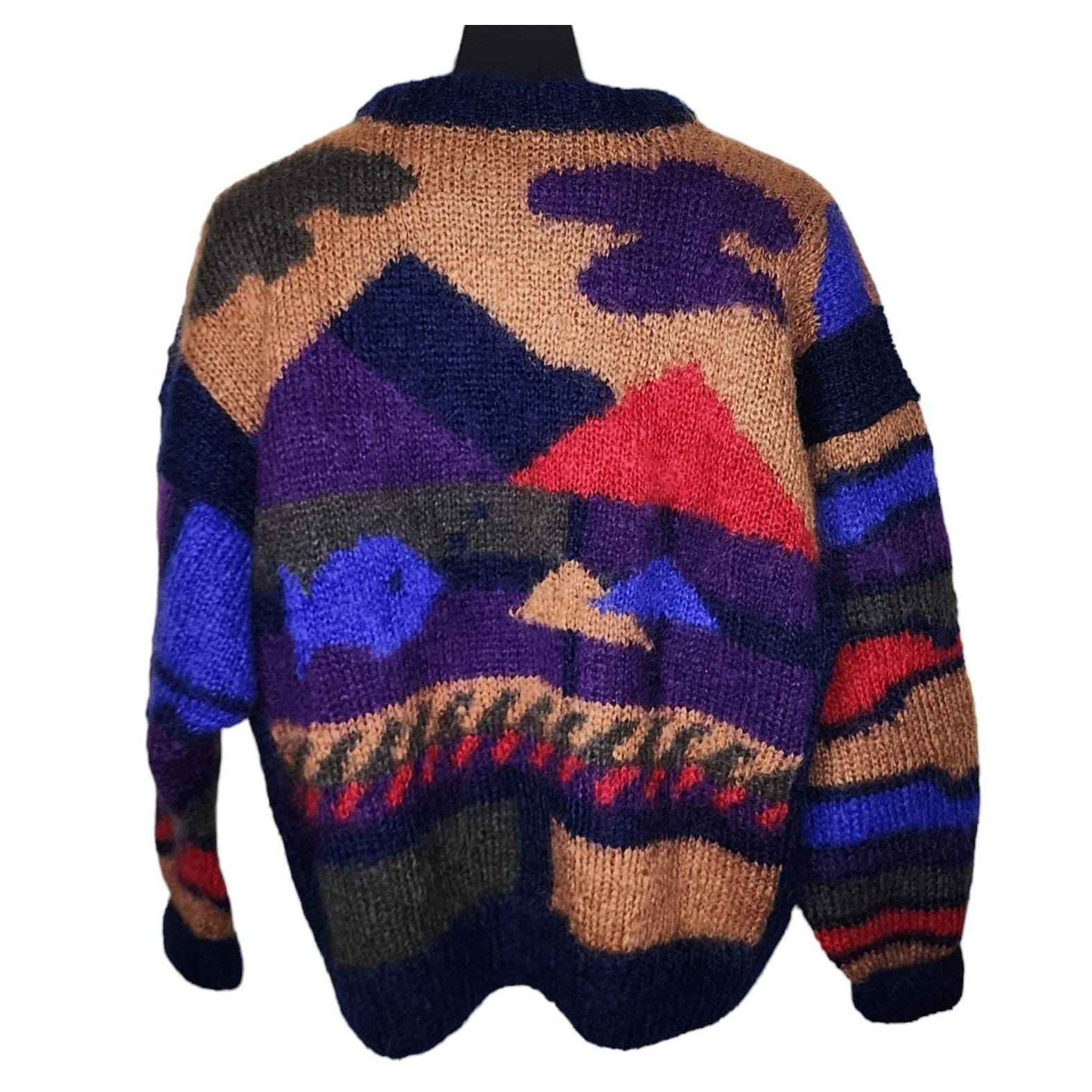 Vintage 90s Mohair Chunky Landscape Sweater Womens XL Blue