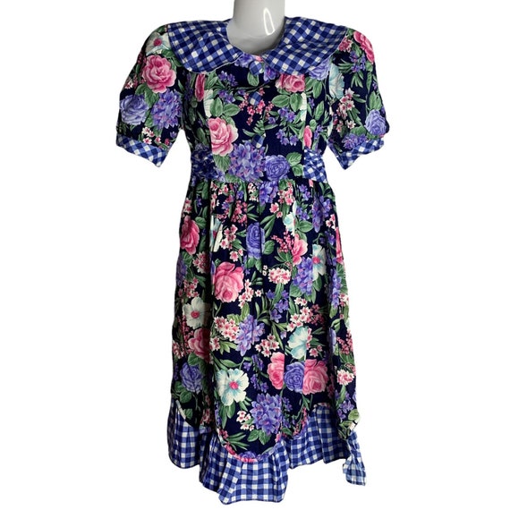 Vintage Gingham Floral Twirl Dress Girls 10 Blue … - image 1