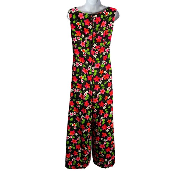 Vintage 70s Wide Leg Jumpsuit S Black Floral Slee… - image 4